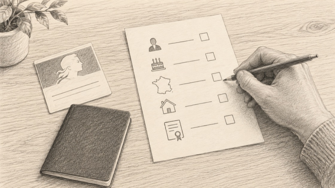 Dessin au crayon d’une main consultant des documents et une liste de conditions.