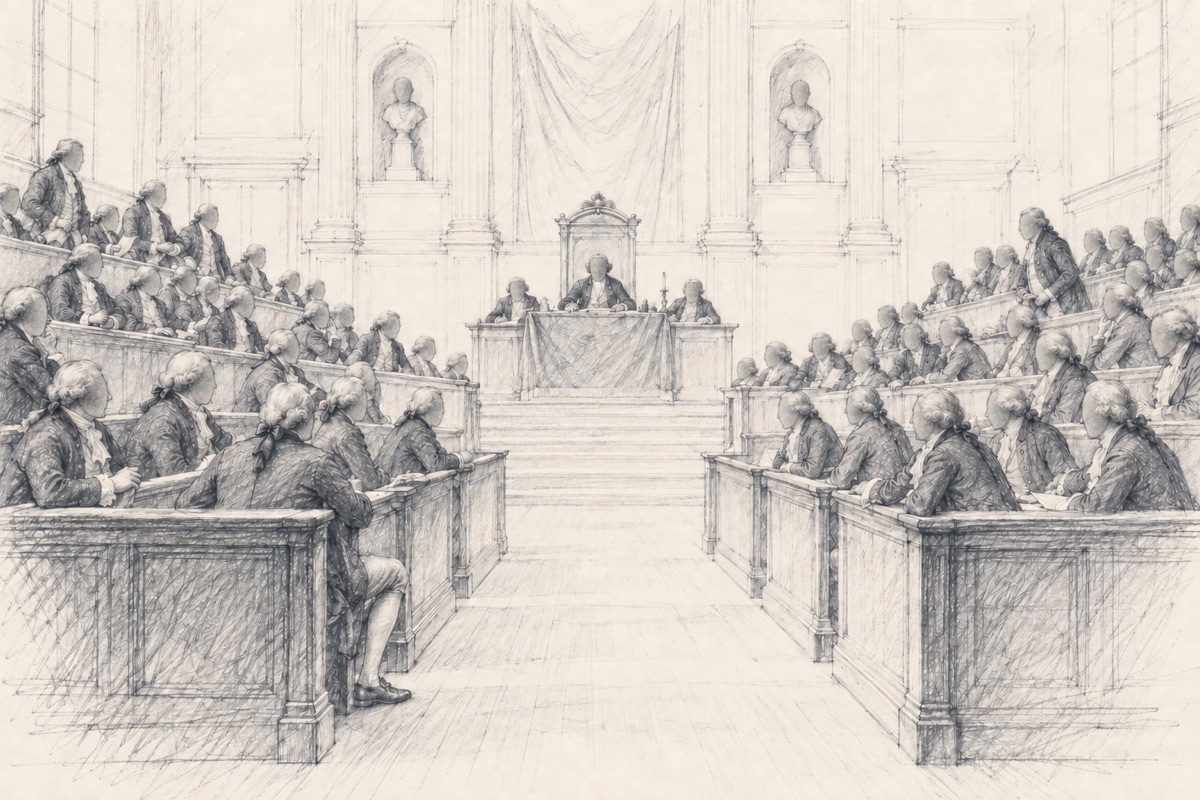 Évocation dessinée d’une assemblée de 1789, avec des députés de part et d’autre de la présidence.