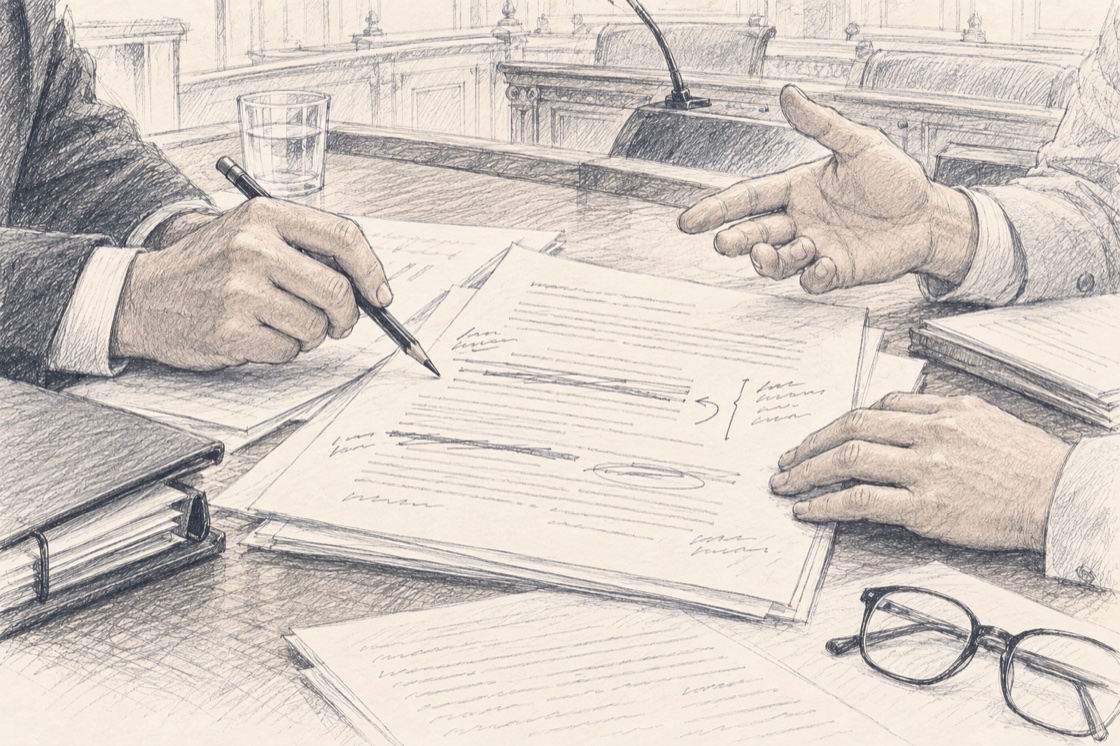 Illustration au crayon de mains examinant et modifiant un projet de texte.