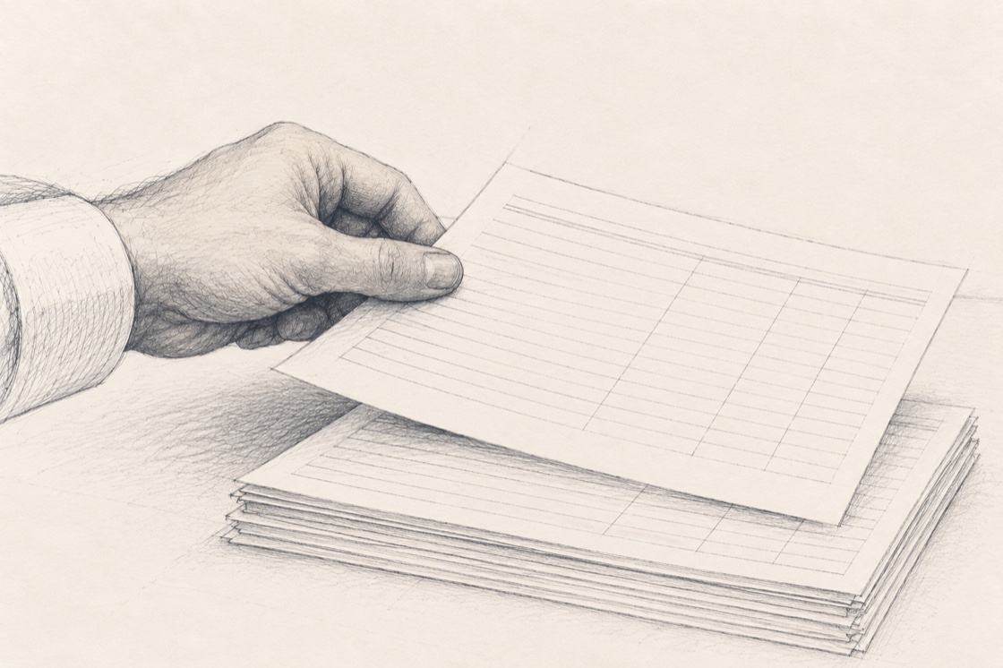Dessin au crayon d’une main ajoutant une feuille à une pile de comptes.