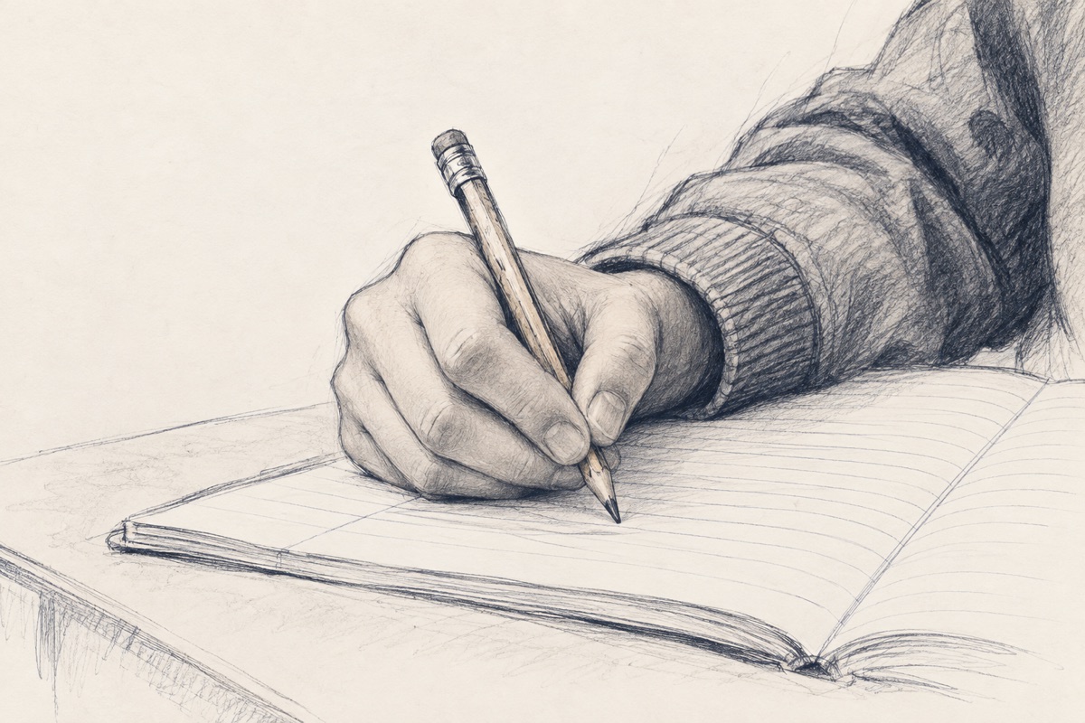 Dessin au crayon d’une main écrivant dans un cahier ouvert.