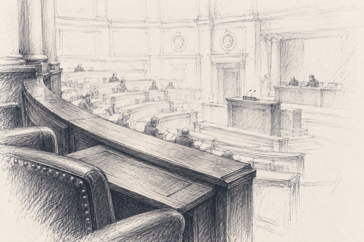 Dessin au crayon d’un hémicycle vu depuis les bancs, avec une tribune au centre.