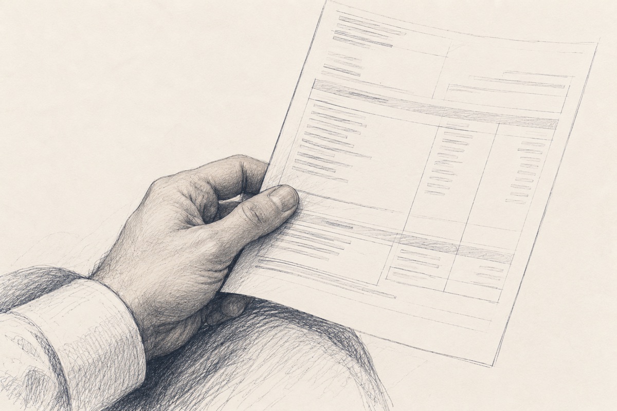 Dessin au crayon d’une main tenant un document présentant des lignes et des montants.