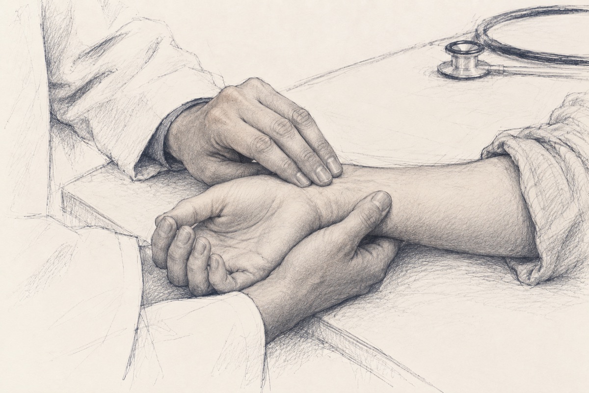 Dessin au crayon d’un professionnel de santé prenant le pouls d’une personne.